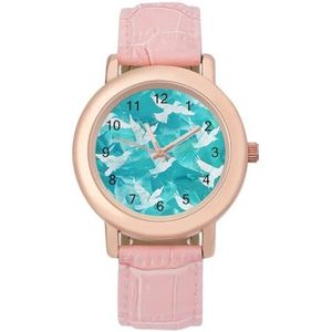 Witte Duiven Groen Meer Womens Lederen Band Elegante Dame Horloges Casual Band Drie-Hand Horloge