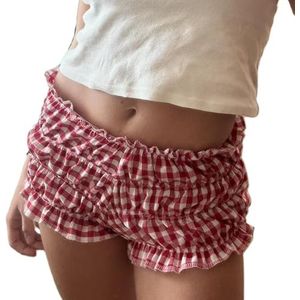 Vrouwen Y2k Plaid Shorts Zomer Casual Leuke Ruches Elastische Taille Bloomer Shorts Low Rise Kawaii Lounge Shorts Strand Vakantie, Rood, M