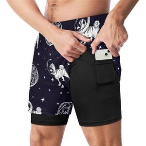 Pugs in Space Pizza en Sterren Grappige Zwembroek met Compressie Liner & Pocket Voor Mannen Board Zwemmen Sport Shorts