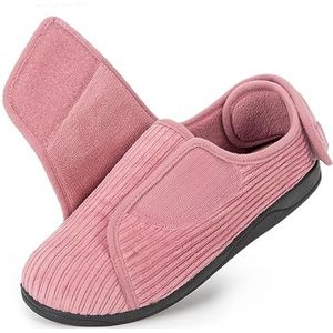 HomeTop Corduroy pantoffels voor dames, comfortabele verstelbare haak en lus, traagschuim, voor binnen, gesloten achterkant, huisschoenen voor diabetische gezwollen voeten, Licht Zalm Roze, 42 EU