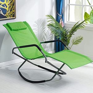 GEIRONV Outdoor Rocking Lounge stoel, tuin gazon veranda opklapbare schommelende chaise met hoofdsteun kussenpoeder gecoate orbitale recliner Fauteuils (Color : Green)