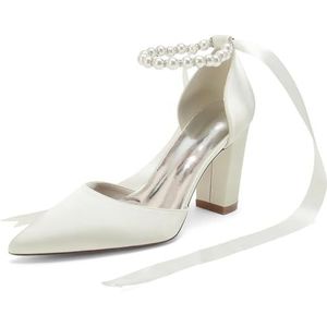 Dames Parel Trouwschoenen Voor Bruid Chunky Hak Puntige Neus Bruiloft Blokhakken Prom Avond Pumps,ivoor,36 EU