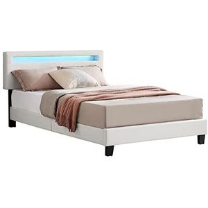 CARO-Möbel Gestoffeerd bed Powell 120x200 cm met LED-verlichting, modern bed met stoffen bekleding in wit, eenpersoonsbed in Scandinavisch design