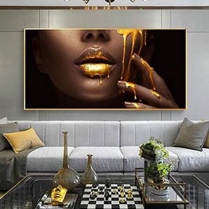 Print Op Canvas Afrikaanse vrouw met gouden lippen canvas schilderij interieur woonkamer posters en prints Muurschildering 60x120 cm Frameloze