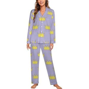 Gouden Kroon Prinses Of Koningin Vrouwen Lange Mouw Button Down Nachtkleding Zachte Nachtkleding Lounge Pyjama Set XL
