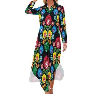 Poolse volkskunst bloemenpatroon dames maxi-jurk lange mouwen knopen overhemd jurk casual feest lange jurken 4XL