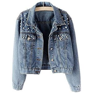 Avondii Dames jeansjas met parels kort blauw denim jas tops, blauw, M