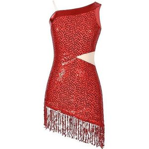 Danskostuums Dames Volwassenen Glanzende Pailletten Omzoomde Latin Dansjurk Asymmetrische Schouder Latin Jazz Jurk for Danswedstrijdkostuums (Color : Rosso, Size : XXL)