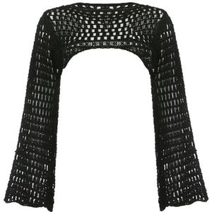 Tops for women Women Y2K Crochet Knit Hollow Out Crop Top Long Flared Sleeve Shrug Sweater Mesh Cover Ups Cardigan Streetwear Pullover-Black-One Size