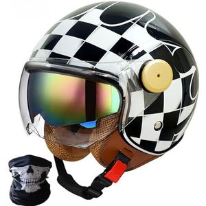 Heren Open Face Motorhelm ECE Goedgekeurd - 3/4 Jet Helm Retro Dames Scooter Helm Open Volwassene Vintage Dubbel Vizier - Mat Zwart D,M/{57~58cm}
