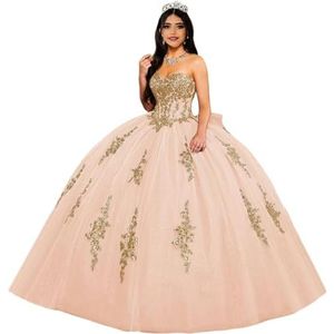 Fuomomo Quinceanera MT035 Quinceanera Jurken met Gouden Kant Hart Halslijn, Quinceanera Jurk, Strapless Baljurk met Strik, Blush Roze, 34