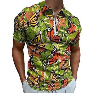 Poloshirt met vlinders en bladeren voor heren, casual T-shirts met ritssluiting en kraag, golftops, slim fit