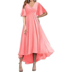 WSEYU Korte Mouw Moeder Van De Bruid Bruidegom Jurken Chiffon Kralen Formele Avond Grootmoeder Jurken Thee Lengte ZM194, Koraal, 32