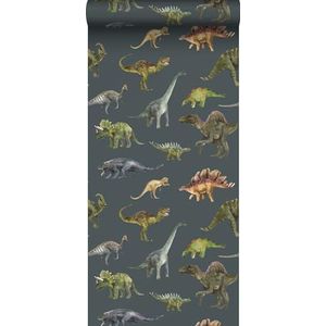 Sanders & Sanders - Vliesbehang - Donkerblauw en Groen - Dinosaurussen - 50 x 900 cm
