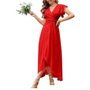 Bruidsmeisjesjurken met fladdermouwen voor bruiloft, theelengte, chiffon split, formele jurk met zakken, Rood, 36
