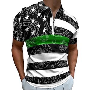 Amerikaanse vlag dunne groene lijn paisley poloshirt voor mannen casual rits kraag T-shirts golf tops slim fit