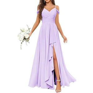 Chiffon bruidsmeisjesjurken voor dames, met split, lange baljurken, cocktailjurken, grote maten, Lila, 32