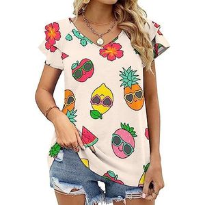 Kleurrijke tropische vruchten en cactus(1) Vrouwen Casual Tuniek Tops Ruche Korte Mouw T-shirts V-hals Blouse Tee
