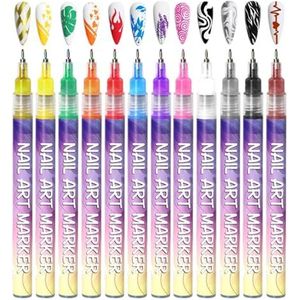 Hueborne 12-kleuren Nail Art Pen Set: 0,5 Mm Fijne DIY Nail Art Pennen, Geschikt For Volwassenen, Snel Drogende Acrylverf Pennen, Geschikt Om Te Tekenen, Stippelen En Schilderen.(1 Set)