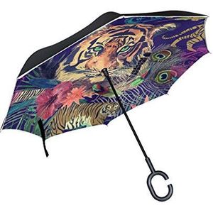 RXYY Winddicht Dubbellaags Vouwen Omgekeerde Paraplu Indiase Olifant Tijger Bladeren Bloemen Waterdichte Reverse Paraplu voor Regenbescherming Auto Reizen Outdoor Mannen Vrouwen