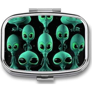Reizen Pil Organizer Draagbare Pillendoos met 2 Compartiment Aliens Pil Case met Spiegel Kleine Pillenhouder Dagelijkse Pil Container Decoratieve Vitamine Organizer