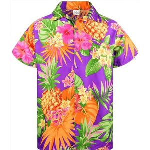 King Kameha Funky Hawaïhemd voor heren, korte mouwen, voorzak, party, palmbladeren, ananasprint, Ananas-violet, XL
