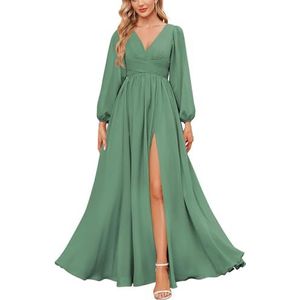 KURFACE Bruidsmeisjesjurken met lange mouwen en split geplooide chiffon formele jurk met mouwen formele jurk, Eucalyptus, 32