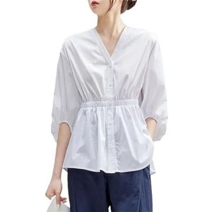 Vrouwen Koreaanse Mode Casual T-shirts Dame Zomer Kantoor Losse V-hals Dunne Effen Blouses Dameskleding, Wit, L