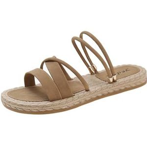 Recuriey Vrouwen strand sandalen - Comfortabele wig open teen platte twee dragen sandalen, Casual zomer Boheemse Romeinse schoenen,Bruin,34