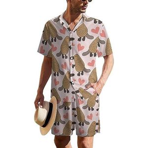 Cartoon Platypus Hawaiiaanse pak voor heren, set van 2 stuks, strandoutfit, shirt en korte broek, bijpassende set