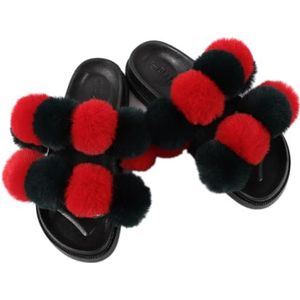 Open teen slippers voor dames met modieuze pompon bal - zachte platte donzige pantoffels voor binnen en buiten, MultiColor 25, one size