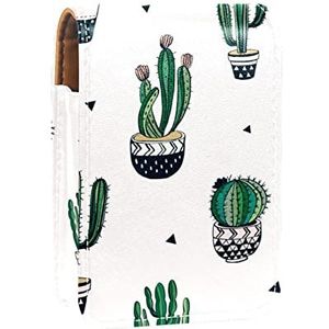 Groene Cactus Pot Draagbare Lipstick Case voor Reizen,Mini Lipstick Opbergdoos met spiegel voor Vrouwen Dames, Lederen Cosmetische Pouch, Meerkleurig, 9.5x2x7 cm/3.7x0.8x2.7 in