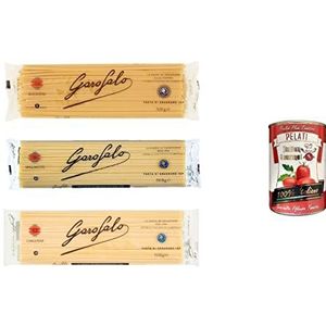 Garofalo testpakket Italië pasta spaghetti bucatini linguine 3 x 500 g + Italiaanse gourmet 100% Italiaanse geschilde tomatenblikjes 400 g