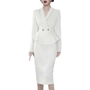 Vrouwen Lente Rok Suits Dames Kantoor Ruches Blazers+Potlood Mid Rok 2 Stuk Vrouwelijke Mode Business Sets, Wit, S
