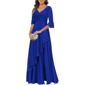 KIYNE Jurken voor dames, V-hals, moeder van de bruid met mouwen, geplooide ruches chiffon formele avondjurk, koningsblauw, 32