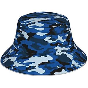 Blauwe Camo Print Reflecterende Bucket Hat Unisex Head Wear met Night Fluorescentie Casual Lichtgevende Hoed, Blauwe Camo, Eén Maat