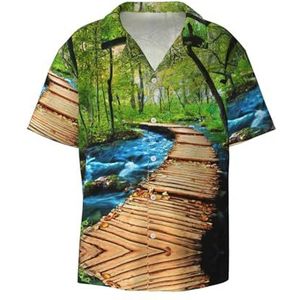 OdDdot Houten Bridge Stream Water Print Mannen Button Down Shirt Korte Mouw Casual Shirt voor Mannen Zomer Business Casual Jurk Shirt, Zwart, XXL