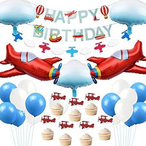 Vliegtuig verjaardagsdecoratie Vintage vliegtuig Cloud folie ballonnen verjaardag Banner Cake Toppers voor vliegtuig feestartikelen