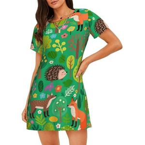 Zelinge Korte Mouw Nachthemd Nachtshirt Slaap Shirts Dames Nachtkleding S-3XL, Groene bomen Egels Vos, S