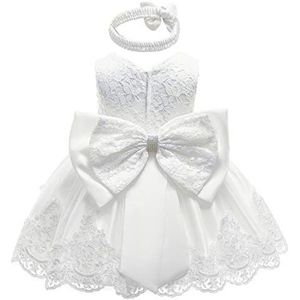 HOIZOSG Baby Doopjurk Kant Pageant Doop Bruiloft Formele Strik Verjaardag Party Tutu Bloem Meisjes Jurk w/Hoofddeksels, Wit, 0-3 maanden