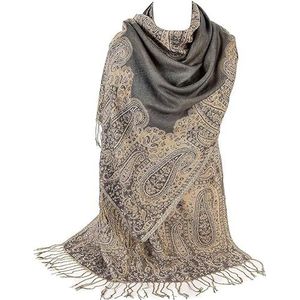 World of Shawls Dames Paisley omzoomde Pashmina Feel Sjaal Wrap Luxueus Warm Zacht Levendig, Zilver en Beige, 28 x 80 Inches