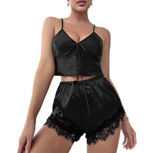 LoprNsdgt Dames Sexy Zijden Satijnen Pyjama Sets Mouwloze Tops En Kant Trim Shorts Sets Slaapkleding,zwart,L