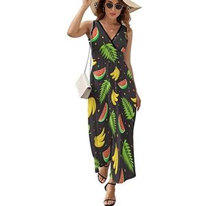 Watermeloen Bananas And Palm Maxi lange jurk voor dames, V-hals, mouwloze tank, zonnejurk, zomer