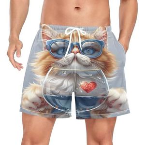 Cartoon Funny Cat Kitten Heren Zwembroek Shorts Sneldrogend met Zakken, Leuke mode, XXL