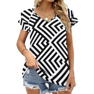 Zwart-wit Ruit Strepen Grafische Blouse Top Voor Vrouwen V-hals Tuniek Top Korte Mouw Volant T-shirt Grappig