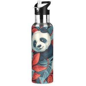 Cartoon Grappige Panda Beer Sport Water Fles met Stro Thermos Rvs Dubbelwandige Geïsoleerde Vacuüm Cup 600ML Thee
