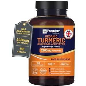 Biologische kurkuma 2280 mg (hoge sterkte) met zwarte peper en gember - 180 veganistische kurkuma-capsules met actief ingrediënt curcumine I UK Gemaakt door Prowise Healthcare
