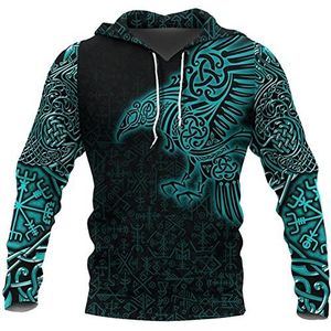 Mannen Viking Celtic Knot Crow Totem Hoodie, Norse 3D Digital Printed Plus Size Full Zip Pullover, Novelty Casual Vintage Long Sleeve Sweatshirt S-5XL