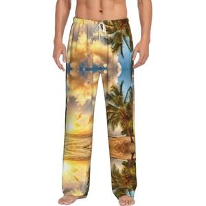 Sunset Hawaiiaanse palmboom heren lange lounge wear broek nachtkleding pyjama broek nachtkleding met zakken en trekkoord, Wit, S