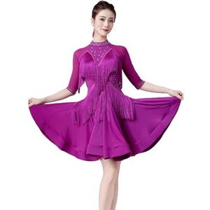 FZHQNZJF Dames Latijns Dansjurken Kwast Cha cha Balzaal Oefening Danskleding Strass Salsa tango Danskleding Verfijnd Prestatie Kostuums voor Rumba Samba,Purper,L